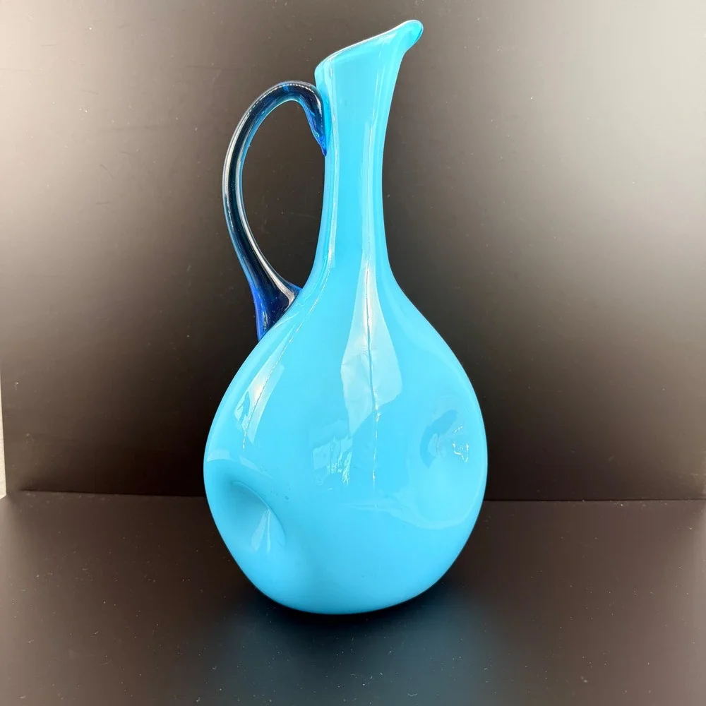 Stelvia Italy‎ Cased Blue Pinched Pitcher Blue Handle Mid Century Modern 13